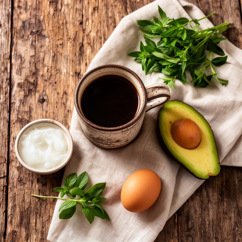 Café preto, óleo de coco e alimentos da roça